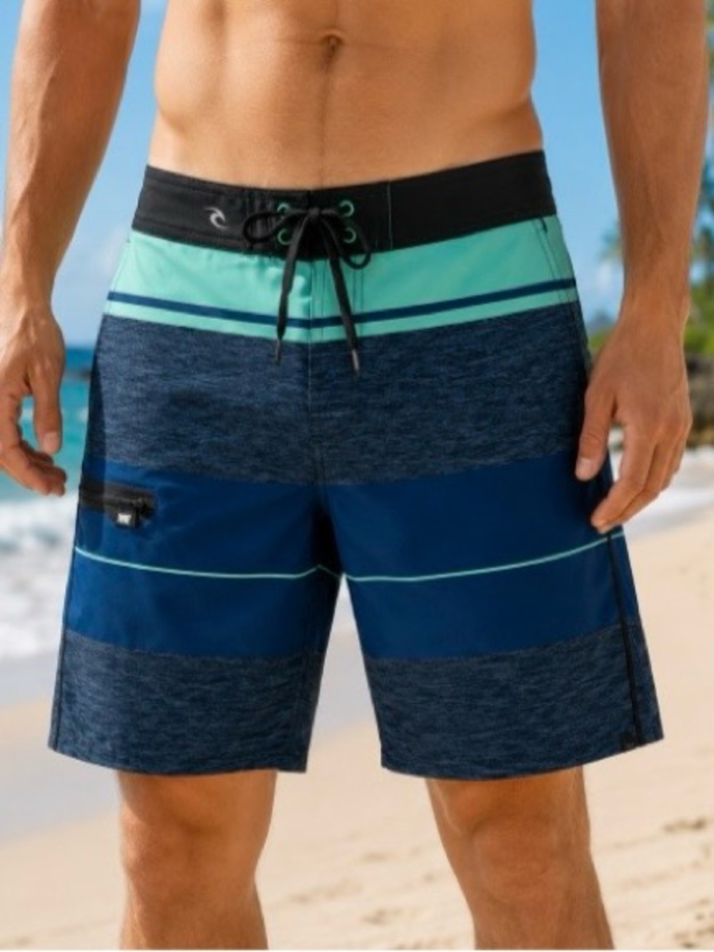 Rip Curl Mirage MF Board Shorts Gray Navy Aqua Stripes  Sz 30/32 Zip Leg Pocket